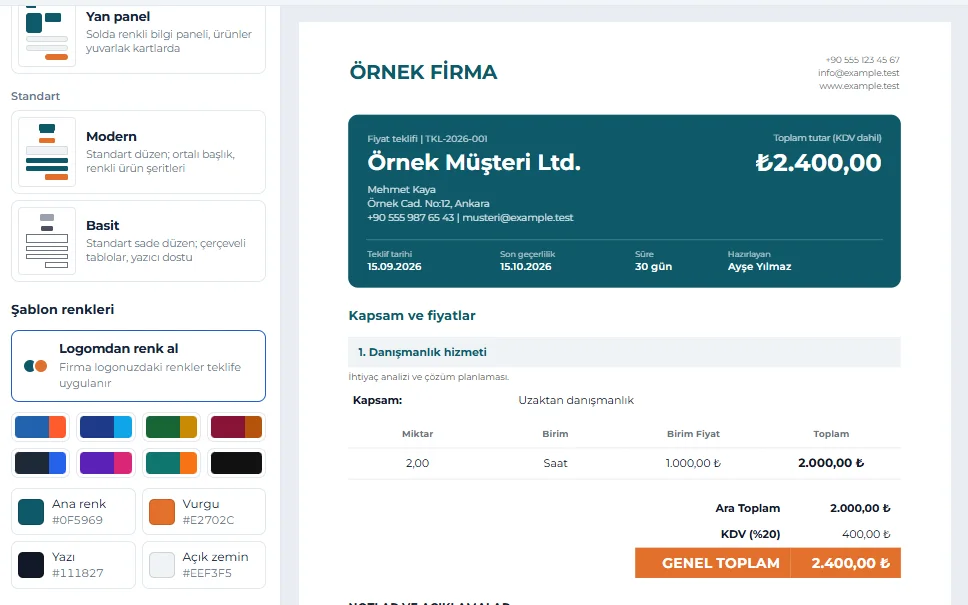 Düzeni ve renkleri tek tıkla seçin, renkleri logonuzdan alın
