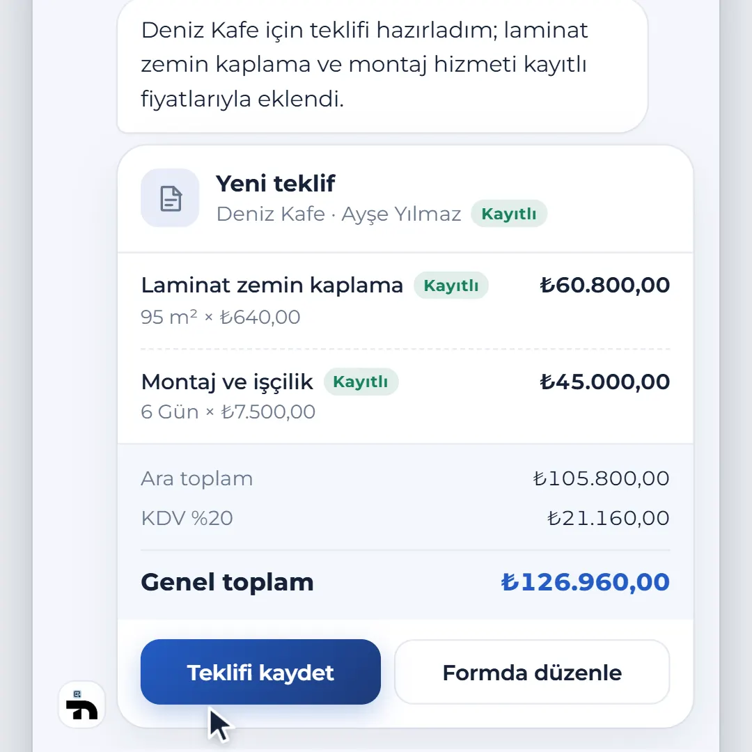 Animasyon: Teklifhazır AI'a yazılan tek cümleden Deniz Kafe için laminat zemin ve montaj teklifi taslağı hazırlanıyor