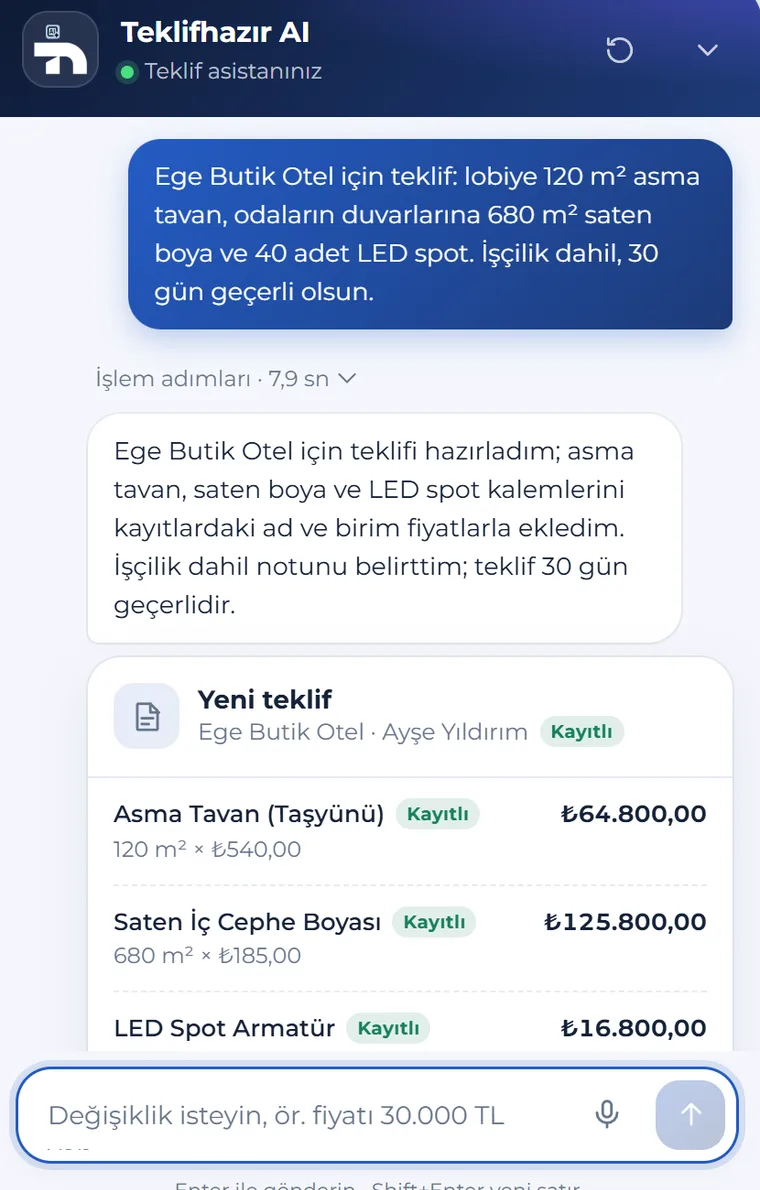 Teklifhazır AI sohbeti: Ege Butik Otel için istenen teklif, kayıtlı ürünlerle ve birim fiyatlarıyla hazırlanmış
