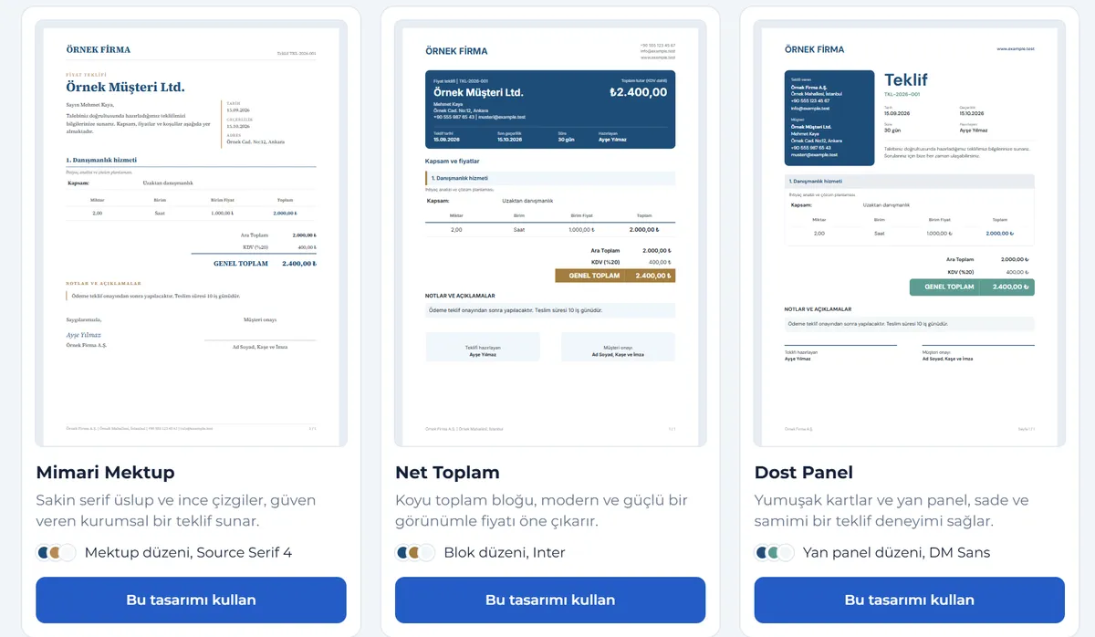 Üç PDF teklif şablonu önerisi: Mimari Mektup, Net Toplam ve Dost Panel